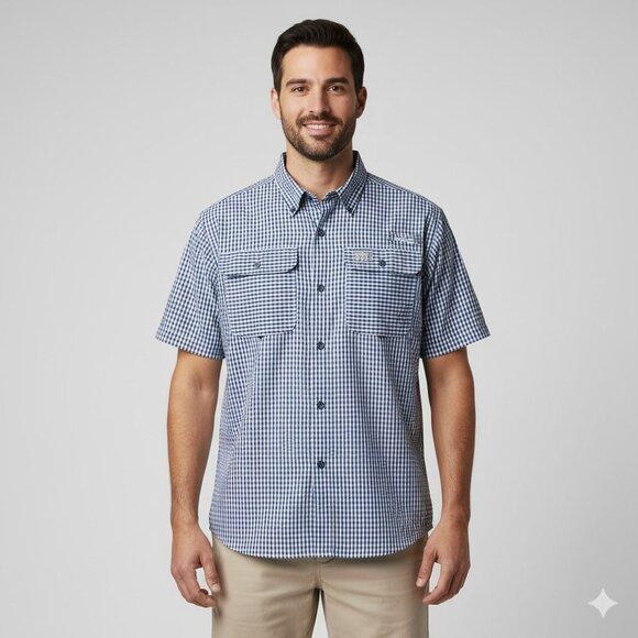 Columbia PFG Super Bahama Mens Short Sleeve Fishing Shirt XL Navy & White Gingha - Picture 13 of 13